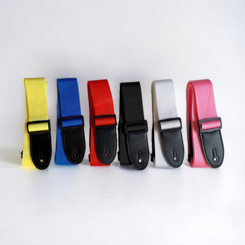 Set of colorful usherette tray shoulder straps in yellow, blue, red, black, white, and pink