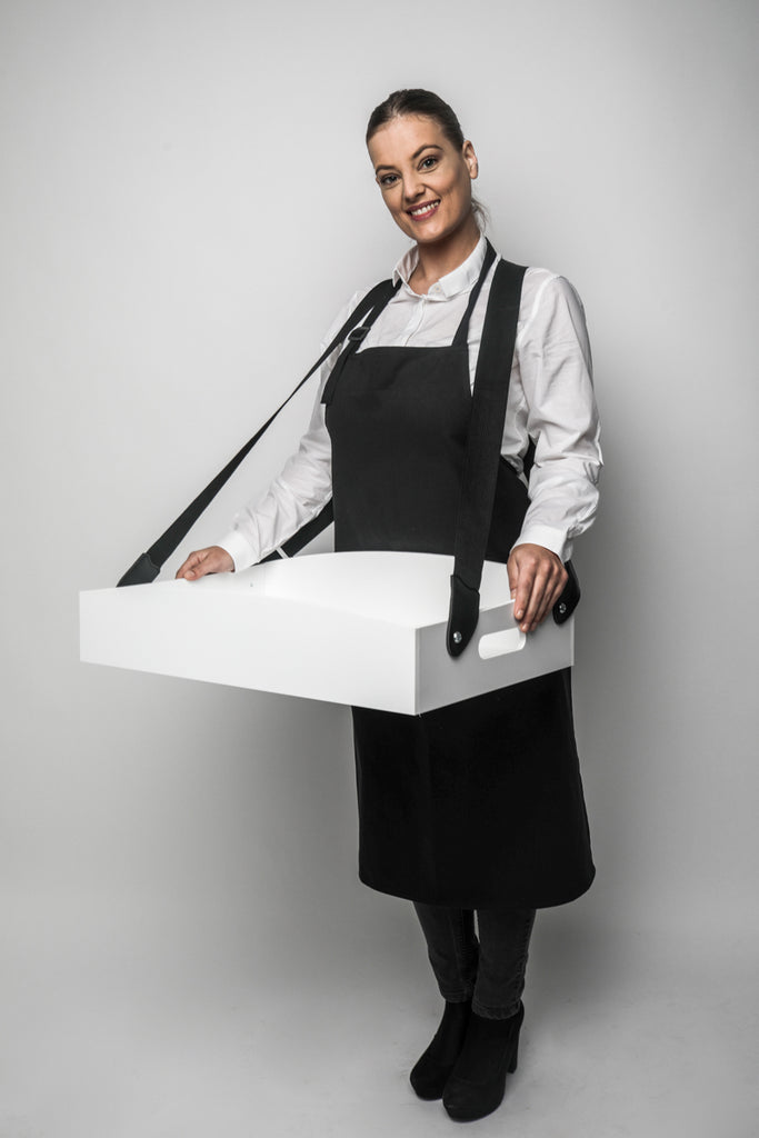 Large white usherette tray with logo strap